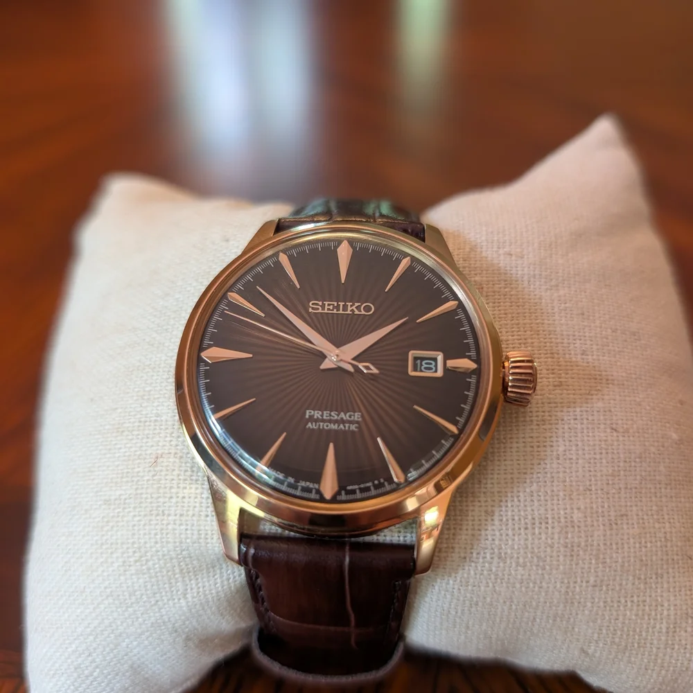Seiko Gold-Tone Case with Brown Sunburst Dial and Brown Leather Strap